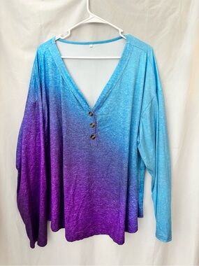 Ombre Blue to Purple V-Neck Henley Long Sleeve Top